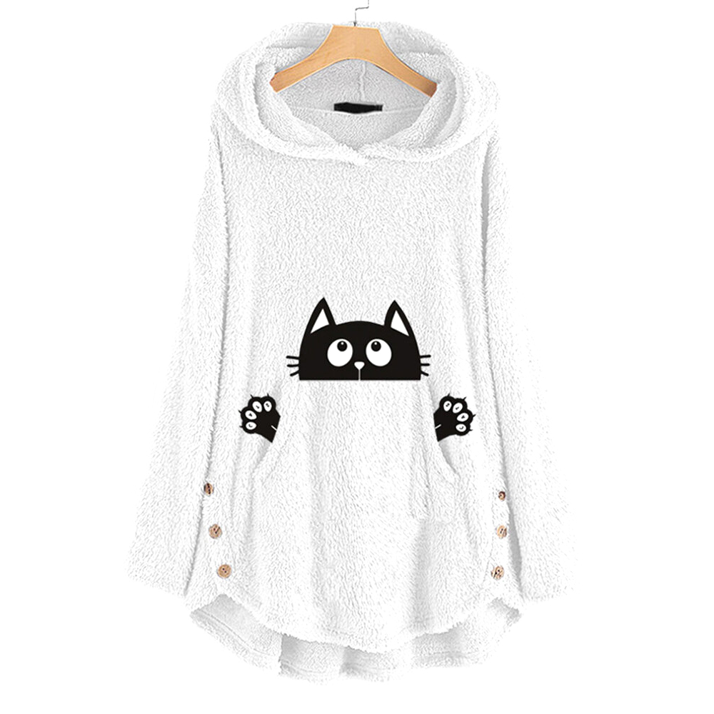 Cat Printed Terry Fleece Hoodies